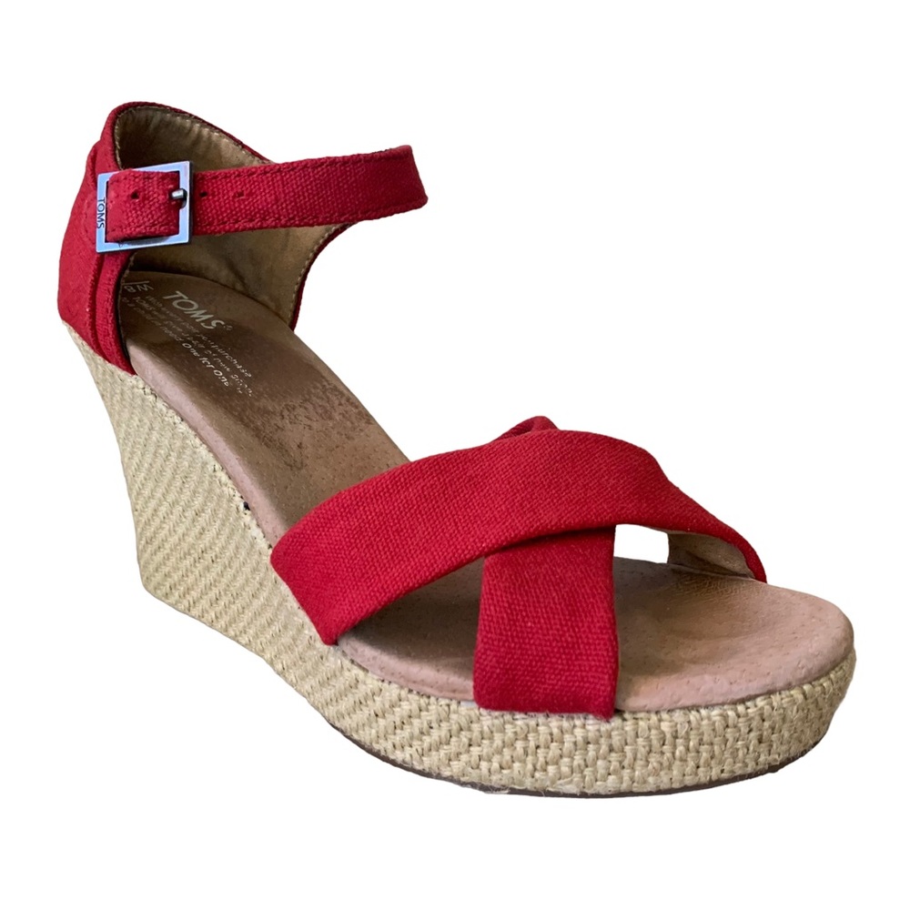 TOMS Sienna Jute Espadrille Red Canvas Wedge Sandal